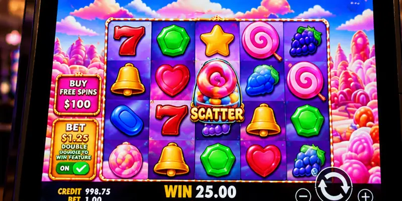 Colorful digital slot screens display spinning reels, bonuses, and symbols.