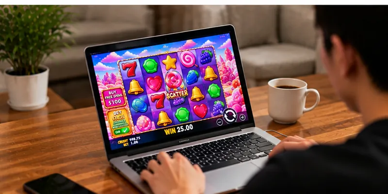 An adult explores digital slot entertainment using a laptop at home.
